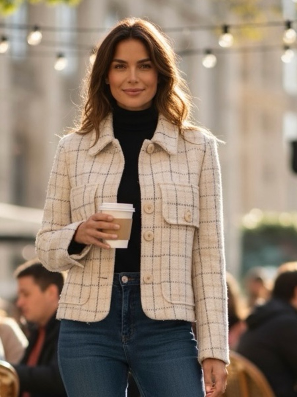 Mango Cream Plaid Button-Front Jacket
